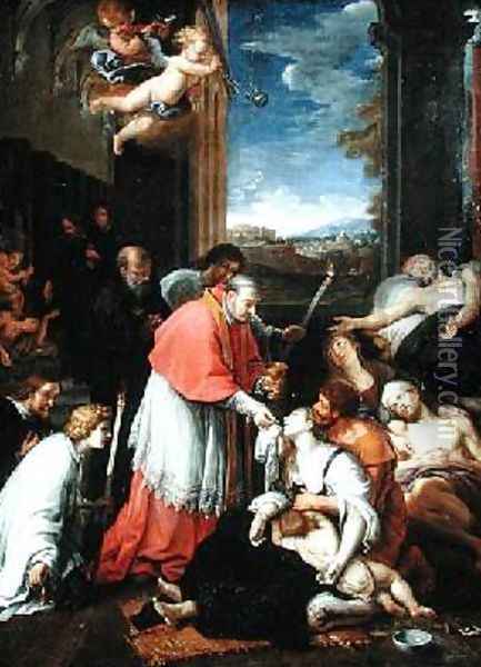 St Charles Borromeo 1538-84 Administering the Sacrament to Plague Victims in Milan in 1576 Oil Painting - Pierre Mignard