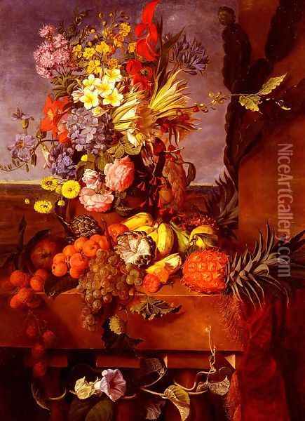 Vase De Fleurs Et Fruits Exotiques Sur Une Balustrade (Vase Of Exotic Flowers And Fruits On A Balustrade) Oil Painting - Emilie Bourbon