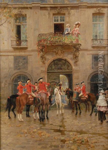 Courtyard With Musicians And Admirers On A Balcony Oil Painting - Charles Edouard Edmond Delort