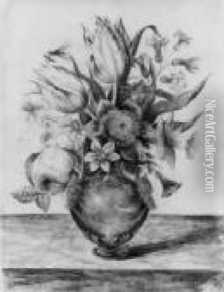 Ein Blumenstrauss In Einer Keramikvase. Oil Painting - Nicolas Robert