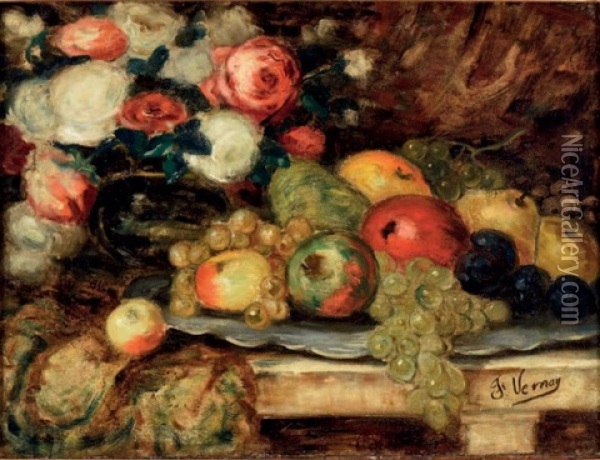 Nature Morte Aux Roses Et Fruits D'automne Oil Painting - Francois Vernay