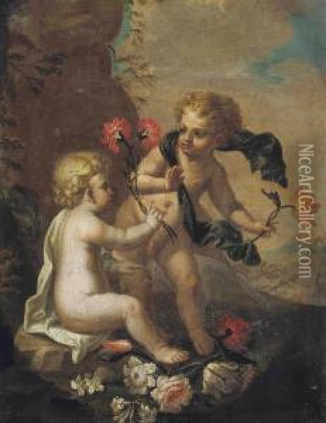 Putti Disporting In A Wooded Landscape Oil Painting - Frans Werner Von Tamm