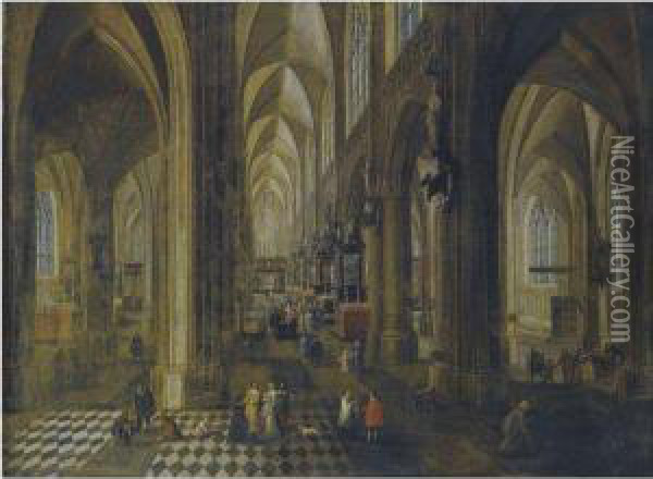 A Capriccio Of The Antwerp Cathedral Interior With Elegantlydressed Figures Oil Painting - Pieter Ii Neefs