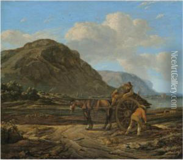 A Landscape With A Horse And 
Cart And Two Farmers In The Foreground With Kelp Gatherers On The Shore 
Beyond Oil Painting - Jan Asselyn