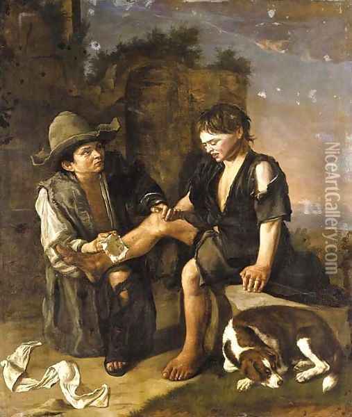 Two young boys with a dog Oil Painting - Giacomo Ceruti (Il Pitocchetto)