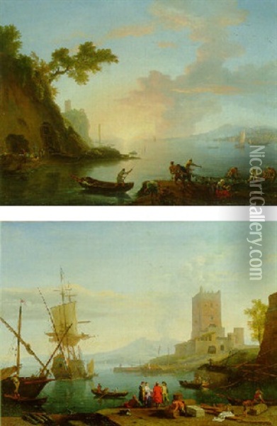 Neapolitan Coastal View With Fishermen In A Harbour Oil Painting - Adrien Manglard
