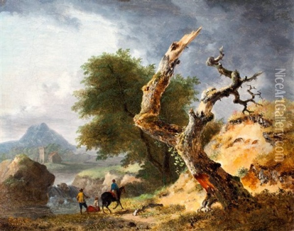 Wandelaars En Ruiter In Boomrijk Heuvellandschap Oil Painting - Jean-Louis Demarne