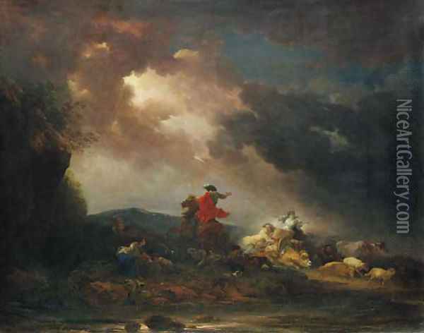 A stormy landscape with a horseman and a woman riding an ox, by a river Oil Painting - Francesco Giuseppe Casanova