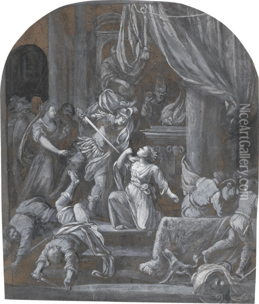 A Woman Being Murdered By A Soldier In A Temple Oil Painting - Gerrit Van Battem