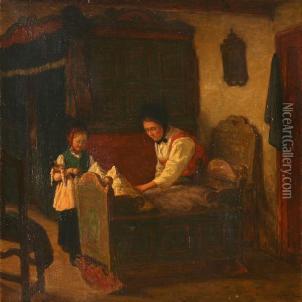 Country Interior With Mother And Daughter Oil Painting - Valdemar Magaard