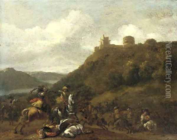 A cavalry skirmish before a hilltop fort Oil Painting - Simon Johannes van Douw