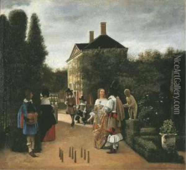 Elegant Figures Playing Skittles In A Landscaped Park Oil Painting - Pieter De Hooch