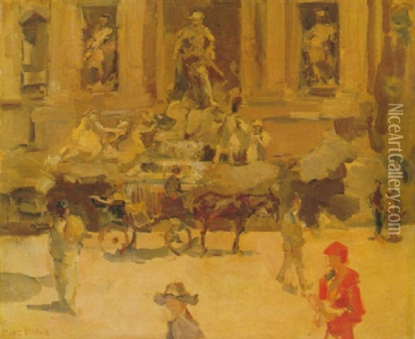 Elegant Figures Strolling In Front Of The Trevi-fountain,   Rome Oil Painting - Isaac Israels