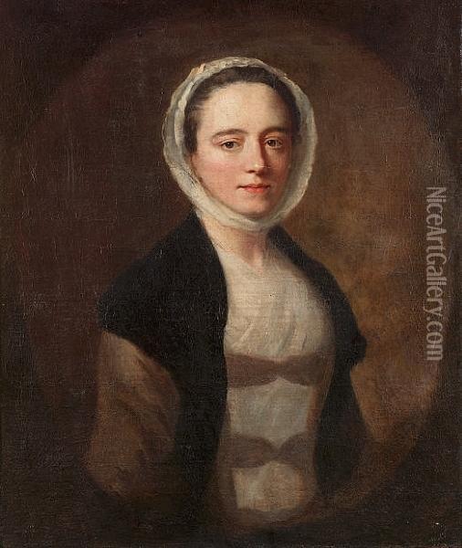 Portrait Of A Lady, Half-length, In A Brown And White Dress With A White Lace Cap Oil Painting - Allan Ramsay