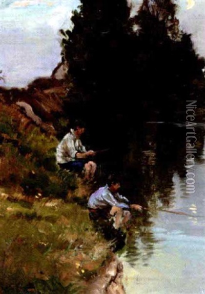 Fishing On The River Bank Oil Painting - Harry Mitton Wilson