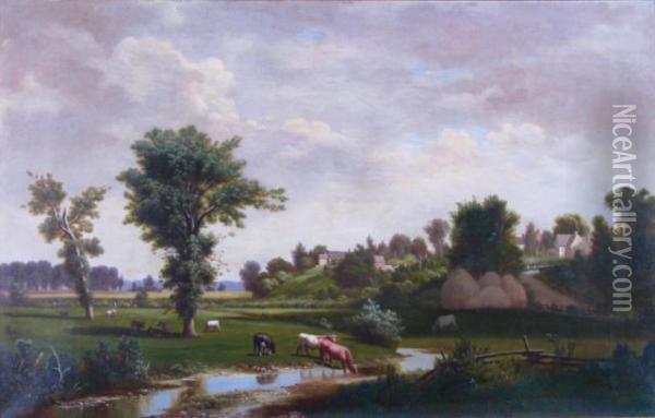 Cows In Pasture, With Village Oil Painting - Jacob Cox