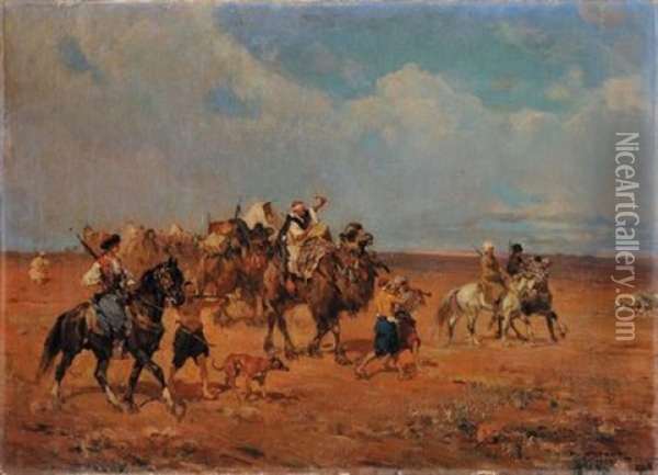 Paesaggo Con Beduini (triptych) Oil Painting - Alfredo Vaccari