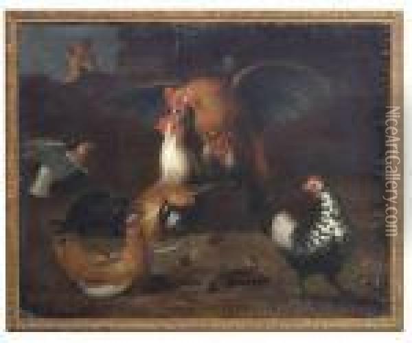 Huhnerhof Mit Zwei Kampfenden Hahnen, Von Einem Fuchs Beobachtet Oil Painting - Pieter Van Boucle