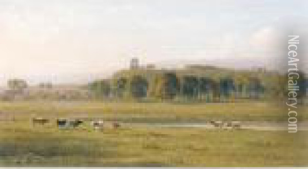 Cattle Grazing By Sherborne Old Castle, Dorset Oil Painting - George Arthur Fripp