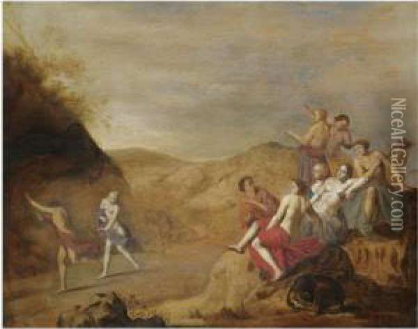 A Mythological Scene With A 
Nymph Pursuing A Young Man And Other Figures Resting In The Foreground 
With A Dog Oil Painting - Cornelis Van Poelenburch