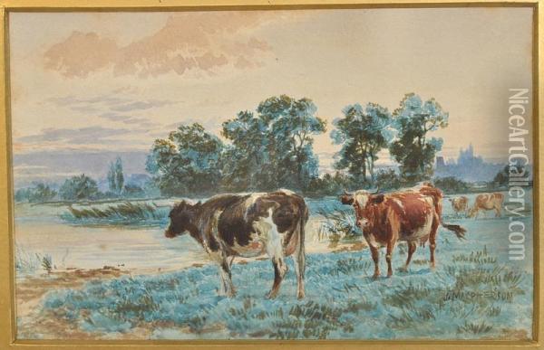 Cattle Grazing In A River Meadow With Trees And A Distant Town Beyond Oil Painting - John MacPherson