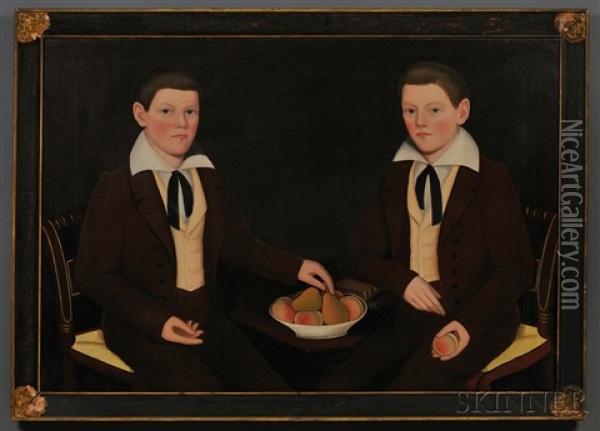 Double Portrait Of The Ten Broeck Twins, Jacob Wessel Ten Broeck (1823-1896) And William Henry Ten Broeck (1823-1888), Aged 10 Years, Seated... Oil Painting - Ammi Phillips