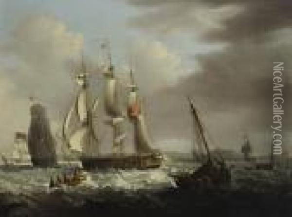 A Frigate Of The Red Squadron Off A Coast Oil Painting - George Webster