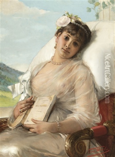 Young Woman Lost In Thought (1882) Oil Painting - Leon Herbo