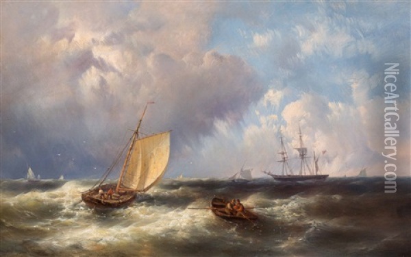 Ships With Fishermen And Figures In A Rowing Boat On The North Sea In Stormy Weather Oil Painting - Abraham Hulk the Elder