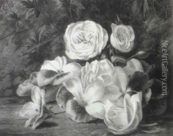 Roses And Other Flowers On A Mossy Bank Oil Painting - Thomas Collins