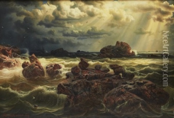Stormigt Hav Med Fartyg Vid Horisonten Oil Painting - Marcus Larsson