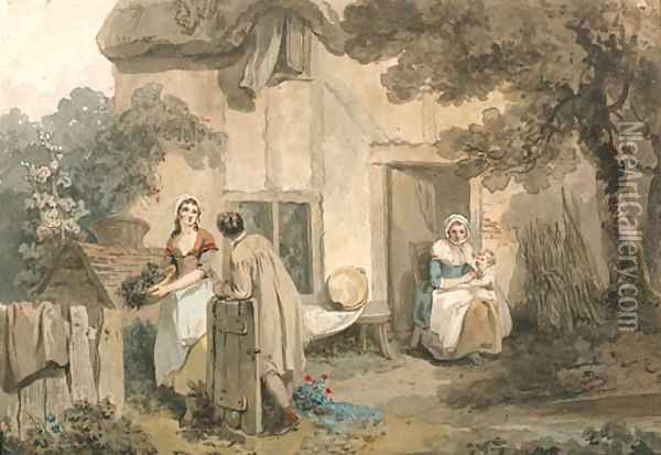 Figures outside a cottage Oil Painting - Francis Wheatley