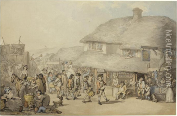 Recruiting Outside The Sun Inn, 
Bodmin, Cornwall Recto; A Study Of The Same Subject Verso Oil Painting - Thomas Rowlandson