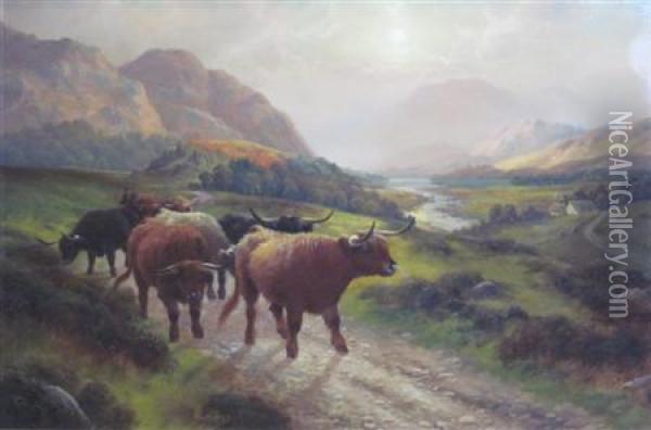 Highland Cattle In Glen Oil Painting - Henry R. Hall