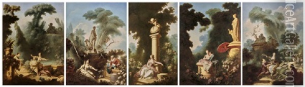 Les Progres De L'amour Dans Le Coeur D'une Jeune Fille : La Poursuite (1), La Rencontre (2), L'amant Couronne (3), La Lettre D'amour (4), La Reverie (5) Oil Painting - Auguste de la Brely