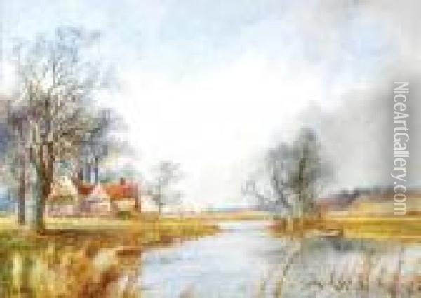 Farmhouse By A River; Sheep By A Stream Oil Painting - Arthur Willett