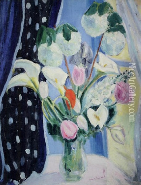 Bouquet Varie Aux Rideaux A Poids Oil Painting - Jacqueline Marval