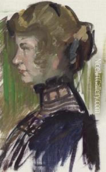 Portrait Of A Woman, Bust Length, In A Black Dress Oil Painting - Ambrose McEvoy