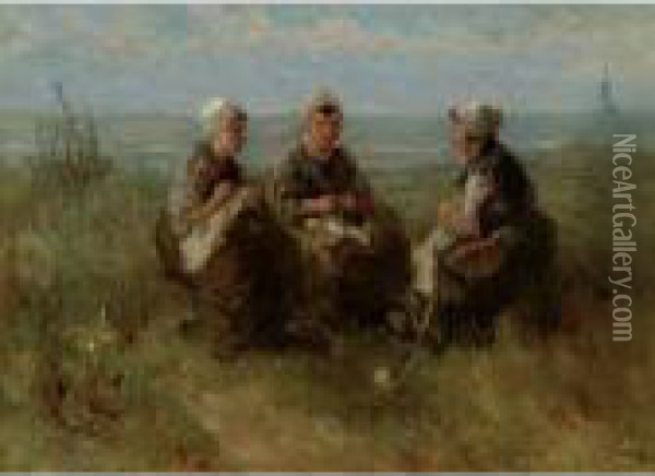 Three Women Knitting By The Sea Oil Painting - Jozef Israels