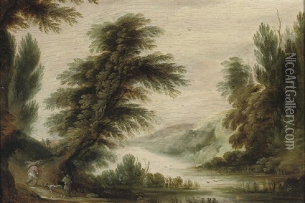 A Wooded River Landscape With Travellers And A Faggot Gatherer Oil Painting - Gysbrecht Leytens