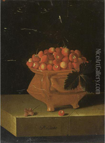 Still Life Of Strawberries In An Earthenware Bowl, On A Stone Ledge Oil Painting - Adriaen Coorte