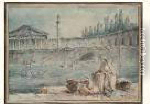 Pecheurs Sur Un Quai Aupres D'une Fantaisie D'architecture Romaine Oil Painting - Hubert Robert