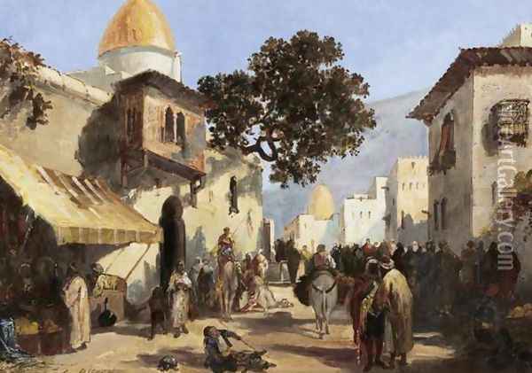 Street, probably in Cairo (Rue animee, probablement au Caire) Oil Painting - Auguste Rigon