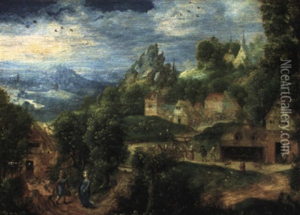 Waldige Landschaft Mit Bauernhausern Oil Painting - Herri met de Bles