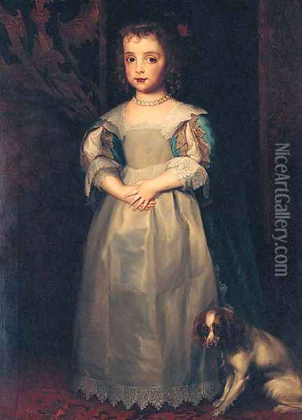 Portrait of Princess Mary, full-length, in a blue and white dress and pearl necklace, a King Charles spaniel at her feet Oil Painting - Sir Anthony Van Dyck