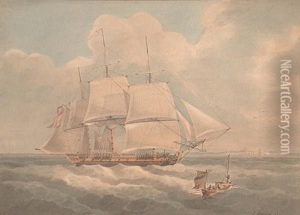 The Frigate 'h.m.s. Hind' Running Up The Channel Oil Painting - John Emery