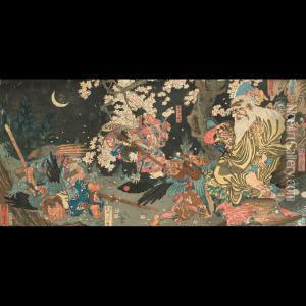 Battling Tengu Oil Painting - Kawanabe Kyosai