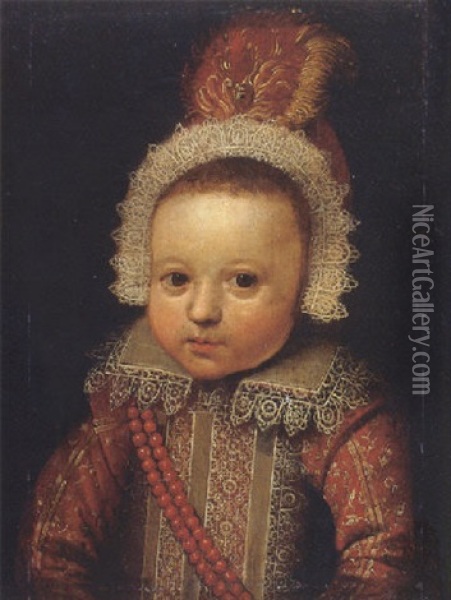 Portrait Of A Young Boy (johan Van Der Veecken?) Wearing An Embroidered Red Costume With Lace Collar And Cap, And Strings Of Corals Oil Painting - Michiel Janszoon van Mierevelt