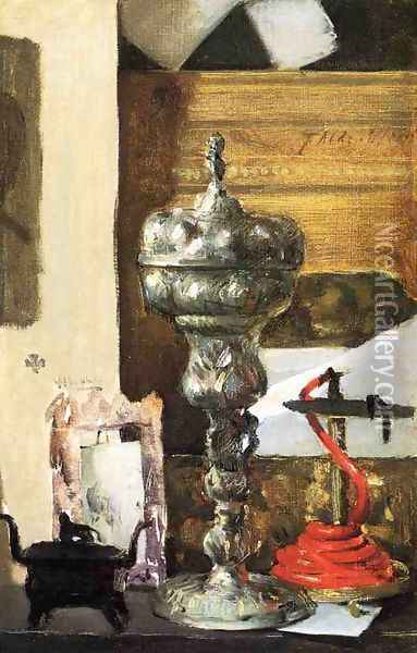 Silver Chalice, Japanese Bronze and Red Tapir Oil Painting - Julian Alden Weir