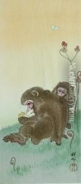 Zwei Kleine Affen Auf Einer Fruhlingswiese, Einer Betrachtet Einen Schmetterling Oil Painting - Ohara Koson